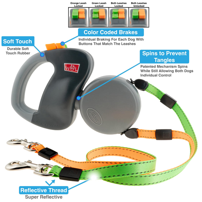 WIGZI (2) Two Dog Reflective Retractable Pet Leash – 360 Degree Zero Tangle Patent - Two Dogs Each up to 50 lbs and 10ft. Reflective Orange and Green Leads. Dual Locking Regular Handle