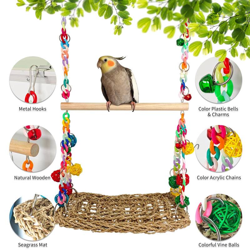 Natural Bird Swing Toys with Wood Perch,Double Layer Bird Seagrass Woven Climbing Hammock with Chewable Perch Stand Chewing Toy for Parakeets,Budgies,Conures,Cockatiels,Lovebirds - PawsPlanet Australia