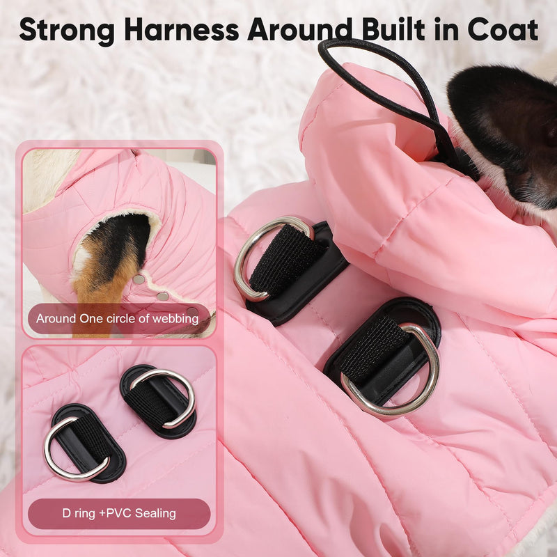 Fleece Lining Dog Hoodie with Harness Built in,Extra Warm Small Dog Jacket in Winter Puppy Coats with Drawstring Hooded,Light Pink M Medium (Pack of 1) Light Pink(Harness Built in) - PawsPlanet Australia