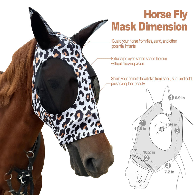 Horse Fly Mask with Ears - Equine Fly Mask for Horses with Sunlight Protection, Large Eye Space with Breathable Elastic Fabric, Funny Horse Mask Suitable for Average Size Horses Leopard Print Medium - PawsPlanet Australia
