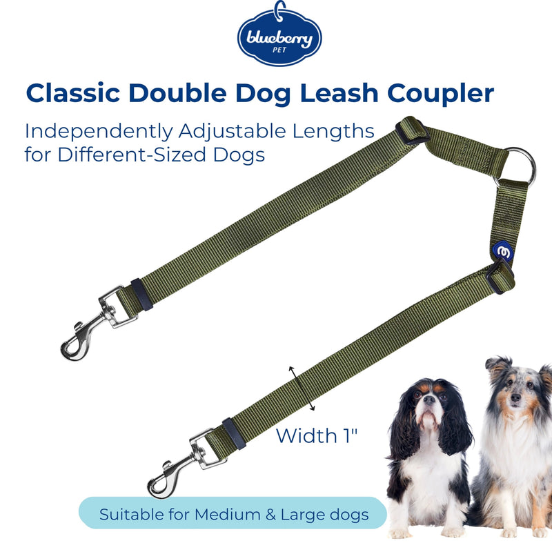 Blueberry Pet Essentials Durable Classic Double Dog Leash Coupler, Military Green, Medium/Large, Dual Walking & Training Leashes for Two Dogs Coupler Double Leash - M/L (20-90lbs) (Pack of 1) - PawsPlanet Australia