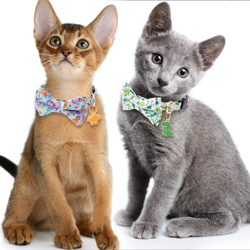 Faygarsle 2 Pack Cat collar with Bell Breakaway Bowtie for Male Female Cats Soft Fancy Blue Green Dinosaurs Pattern Spring Summer Cat Collar for Boy Girl Cats - PawsPlanet Australia