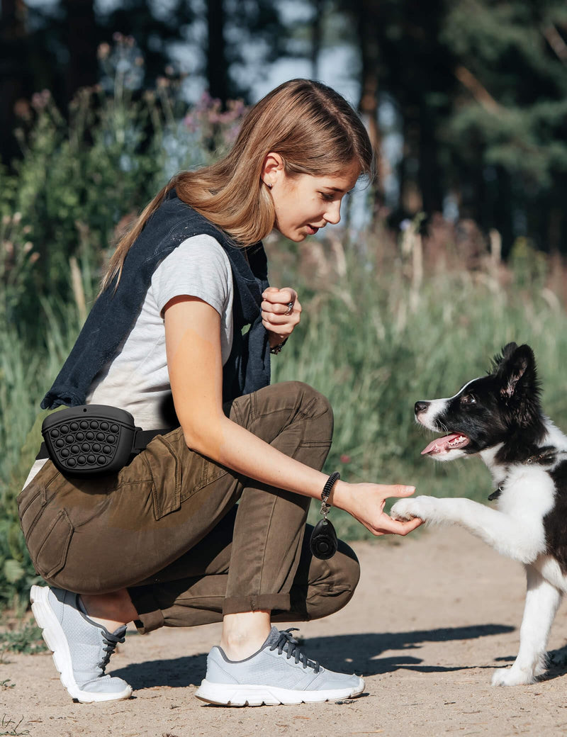 Dog Treat Pouch with Training Clicker 2.0-Upgrade Stronger Magnetic Closure to Avoid Spilling, 1.67 Cup Silicone Treat Bag Fanny Pack with Waist Belt for Pet Training Walking (Black) Black - PawsPlanet Australia