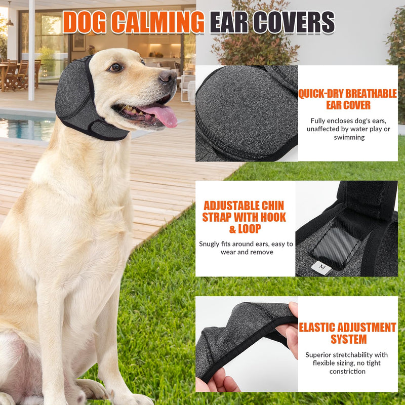 Eyein Dog Ear Protectors - 2 Packs Dog Ear Defenders and Snood Set, Upgrade Calming Ear Muff and Hood Adjustable for Anxiety Relief, Breathable Pet Head Cover Wrap for Noise Cancelling Medium Grey