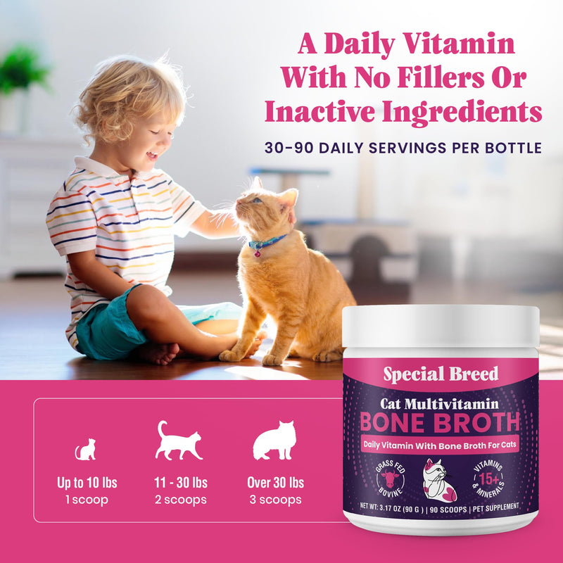 Cat Multivitamin with Grass-Fed Beef Bone Broth – Daily Supplement for Immune, Joint, Skin, Coat & Gut Health – Omega 3s, Lysine, Beta Glucan, Vitamins A-E, C, D – 90 Day Supply – No Fillers 90 Grams