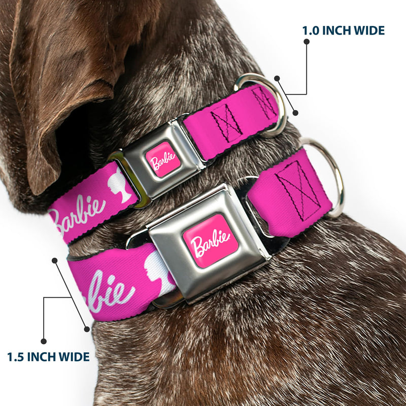 Mattel Easy Adjustable Metal Seatbelt Buckle Quick Release Dog Collar, Barbie Script Signature Logo and Silhouette Hot Pink White, 16 to 23 Inches 1.5 Inch Wide 1.5" Wide - Fits 16-23" Neck - Medium - PawsPlanet Australia
