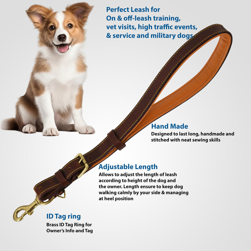 Genuine Leather Short Lead, Padded Handle, Strong Traffic and Training Leash with Adjustable Length, 1" Wide, with 360º Heavy Duty Metal Hook (Brown) Brown - PawsPlanet Australia
