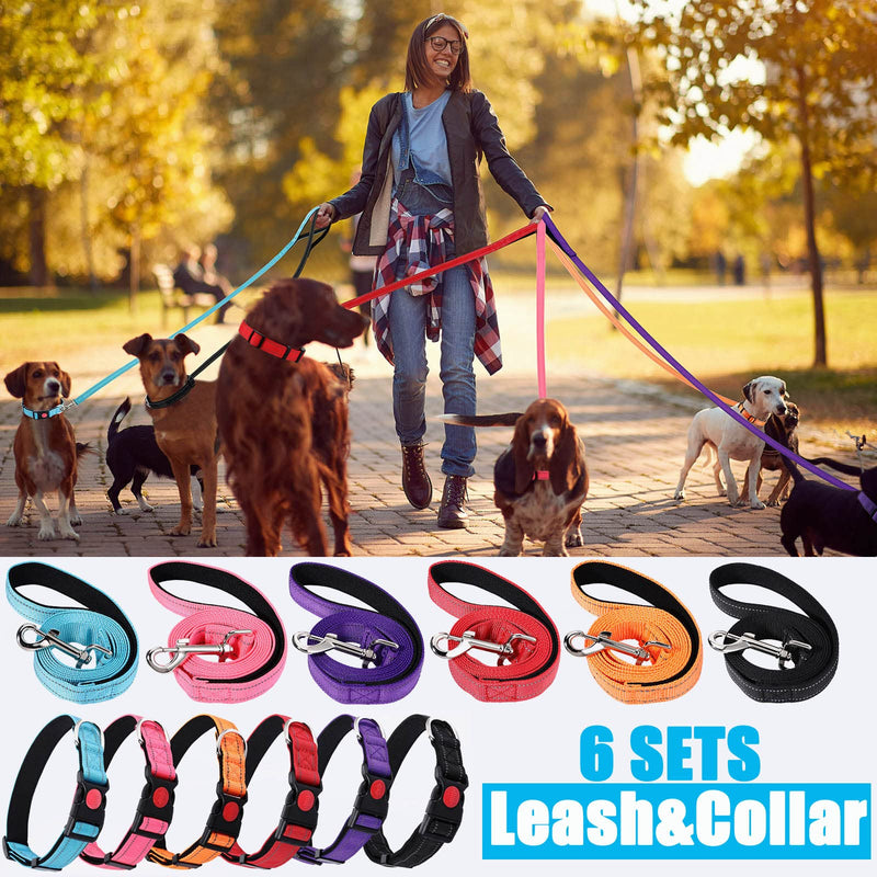 6 Sets Reflective Dog Leash and Collar Set, Nylon Leashes Adjustable Dog Collar Heavy Duty Padded Handle Leash for Small Medium Large Dogs Walking Training(Lovely Color) Lovely Color - PawsPlanet Australia