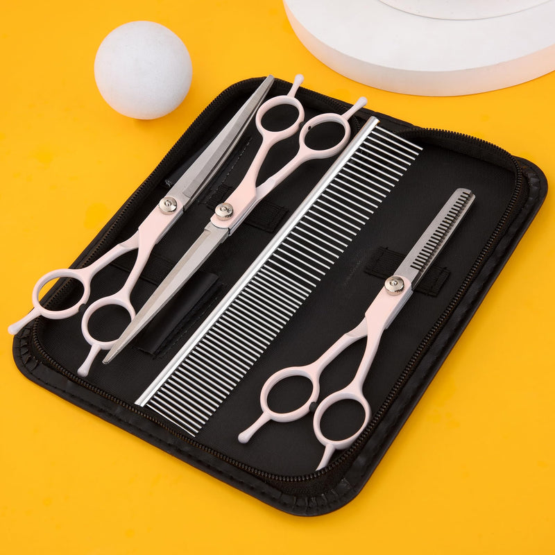 Dog Grooming Scissors Kit, Fcysy Professional Dog Trimming Scissors Set, Hair Cutting Scissors for Pet Dog Cat Grooming at Home, Curved Dog Scissors Pet Thinning Shears, Pet Grooming Supplies Pink 5 Pcs - PawsPlanet Australia