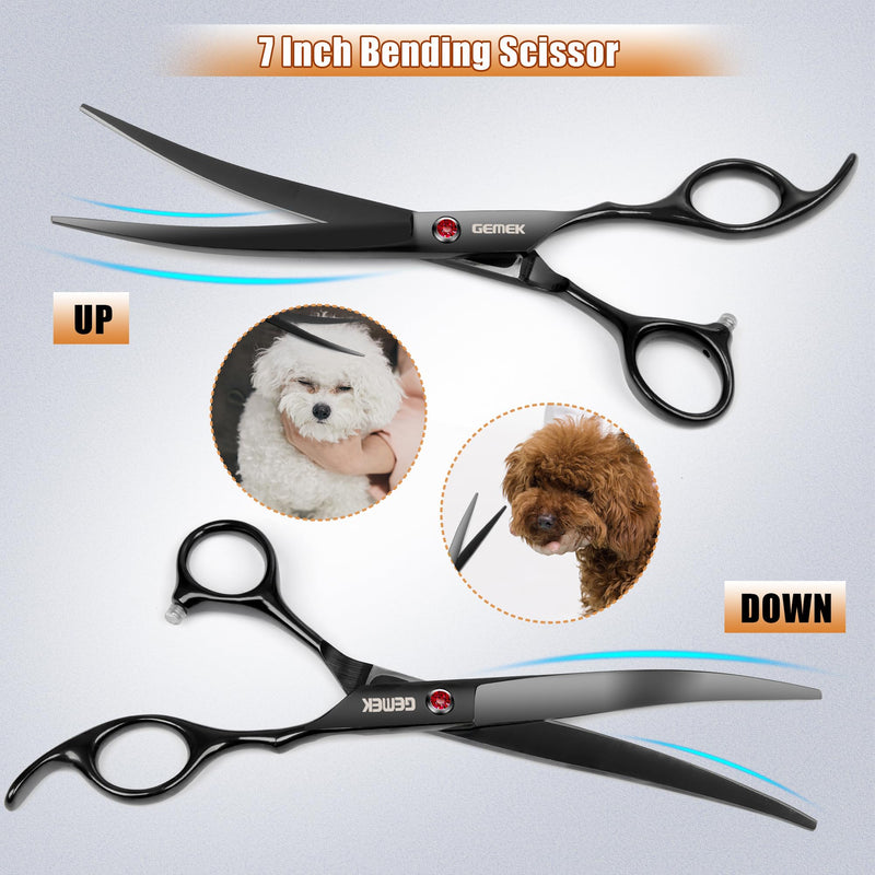 7.0in Titanium Professional Dog Grooming Scissors Set, GEMEK 6 in 1 Straight & Thinning & Upwards Curved & Downwards Curved Scissors & Comb for Dogs, Cats and Other Animals Black 7inch - PawsPlanet Australia
