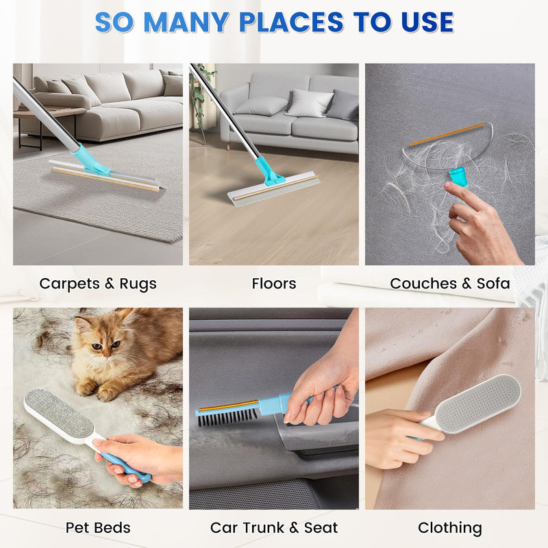 3-Pack Pet Hair Remover Tools, Carpet Rake for Pet Hair Removal, Long Handle Double-Sided Carpet Fur Removal Lint Scraper Brush Dog Cat Hair Remover for Sofa, Couch, Rug, Stairs, Clothes, Blue 3-Pack - PawsPlanet Australia