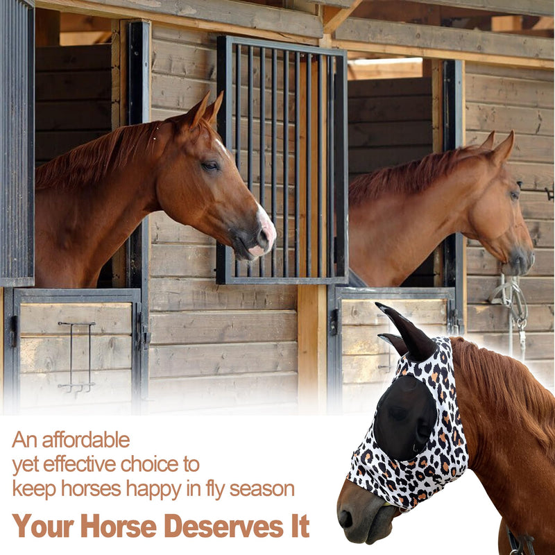 Horse Fly Mask with Ears - Equine Fly Mask for Horses with Sunlight Protection, Large Eye Space with Breathable Elastic Fabric, Funny Horse Mask Suitable for Average Size Horses Leopard Print Medium - PawsPlanet Australia