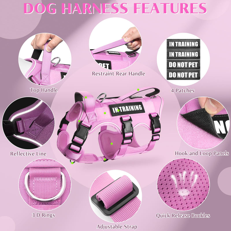 WINSEE Escape Proof Dog Harness, Service Working Molle Harness with Double Handle, Tactical Pet Vest with 4 Patches for Small Medium Large Dogs Walking Hiking Hunting Pink