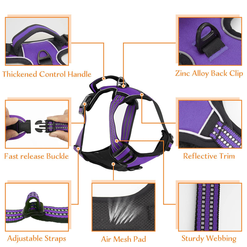 No Pull Dog Harness for Small Medium Large Dogs Adjustable Reflective Pet Vest with Front Clip Padded Harness for Dogs Easy Control Handle Best for Outdoor Training and Walking Purple M - PawsPlanet Australia
