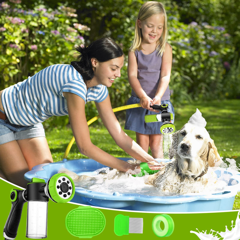 Upgrade Pup Jet Dog Wash for Outdoor, Dog Shampoo Hose Attachment with Soap Dispenser, Dog Wash Hose Attachment with Pet Bath Brush Car Wash Mitt and Dog Comb for Showering Pet (Hose Not Include) Green-2 - PawsPlanet Australia