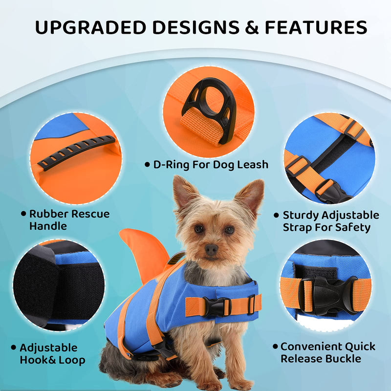 Queenmore Dog Life Jacket, Adjustable Dog Life Vest, Pet Lifesaver for Swimming, Shark Life Jacket with Rescue Handle, Rip-Stop Safety Vest for Small Medium Large Dogs Orange