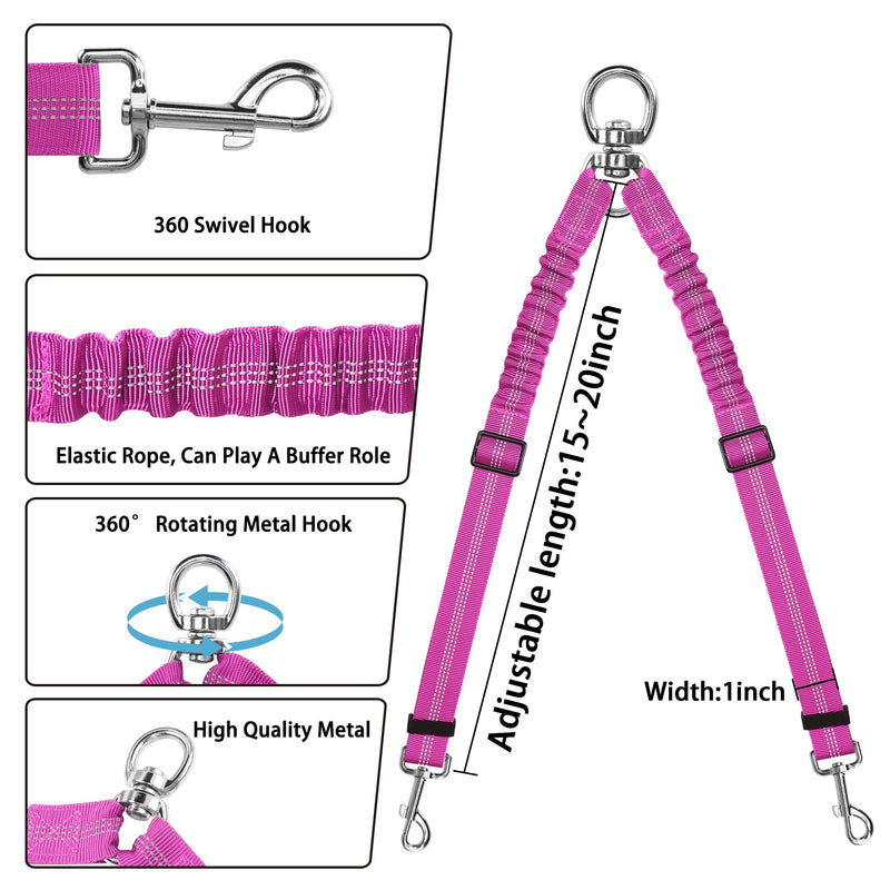 YAODHAOD Double Dog Leash,Two Dog Leash Splitter, No Tangle 360° Swivel Rotation Reflective Lead, Adjustable Length Bungee Heavy Duty Walking Training Dual Extension (Rose Red) Rose Red - PawsPlanet Australia