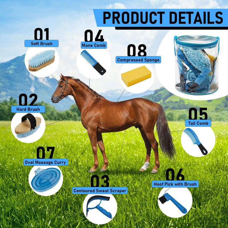 Cunhill 9 Pcs Horse Grooming Kit Tack Room Supplies Set with Tote Bag, Oval Massage Curry, Hard and Soft Brush, Hoof Pick, Sweat Scraper, Bathing Sponge, Comb for Horse Rider(Cute,Blue) Cute Blue