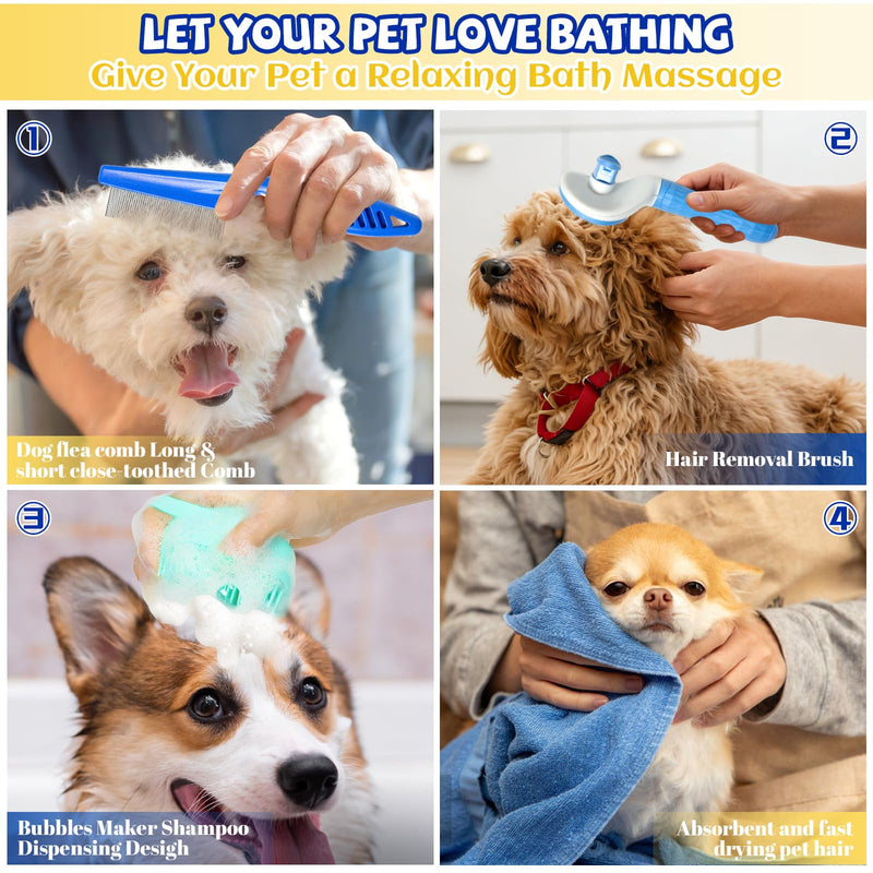 8PCS Dog Slicker Brush for Dogs Grooming Kit,Bath Grooming Kit for Pets,Hair Brush Set with Towel,Washing Gloves,Slicker Comb,and Shampoo Scrubber Brush for Small and Large Dogs and Cats(Blue) Blue