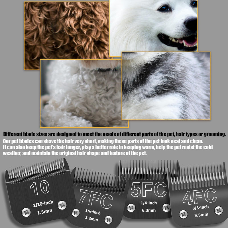 4 Pack Detachable Dog Grooming Steel Blades with Blade case Holder,Compatible with Andis,Oster A5,Wahl KM-10 Series,Cutting Length 1/16" to 3/8"(10+7FC+5FC+4FC-Black) 10+7FC+5FC+4FC-black(4 PACK)