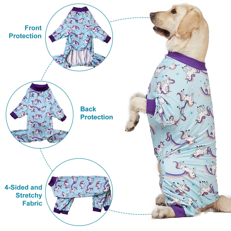 LovinPet Large Dog Pajamas PJS, Wound Care/Post Surgical Recovery Shirt for Big Dogs, Lightweight Stretchy Pullover Dog Onesie, Stop Shedding for Dogs, Magical Unicorn Rainbow Print, Pet PJ's, L Purple - PawsPlanet Australia