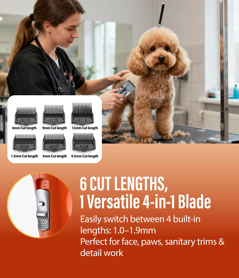 Professional Dog Grooming Clippers with 17H Runtime & Replaceable 440C Blade, 5-Speed Low Noise Electric Dog Shaver for Thick, Matted, Curly Hair, Cordless Clipper for Groomer & Home Use, Orange Clipper+10FC Blade - PawsPlanet Australia