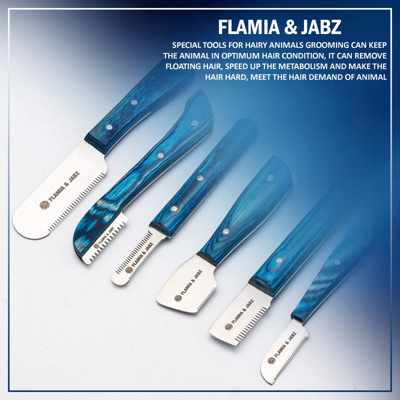 FLAMIA & JABZ FJ Professional Stripping Knife kit (6 pieces set) for Dogs & Pets, Wooden Handle Grip with Stainless Steel Blade (Right handed) (Blue) Blue - PawsPlanet Australia