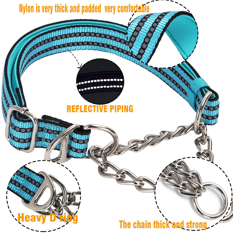 Reflective Martingale Collar for Dogs with Steel Chain, Adjustable No Pull Dog Training with Soft Padded for Large Breed Dogs, Medium, XL, XXL Walking Collar (Blue L) B L(Neck15"-22")