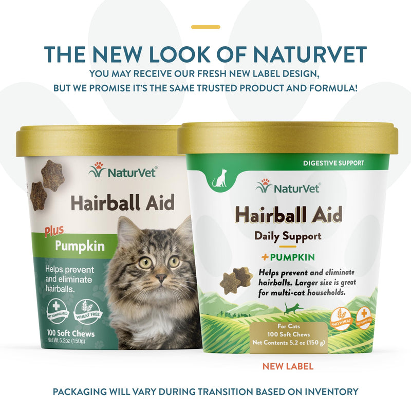 NaturVet – Hairball Aid Supplement for Cats - Plus Pumpkin – Helps Eliminate & Prevent Hairballs – 100 Soft Chews