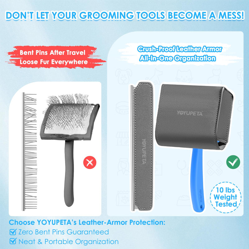 Large Dog Slicker Brush Set for Poodles & Goldendoodles - Extra Long Pin Slicker Brush with Wooden Handle for Long Haired Dogs & Cats - Dematting Tool with Leather Case (2 Piece Kit). Blue - PawsPlanet Australia