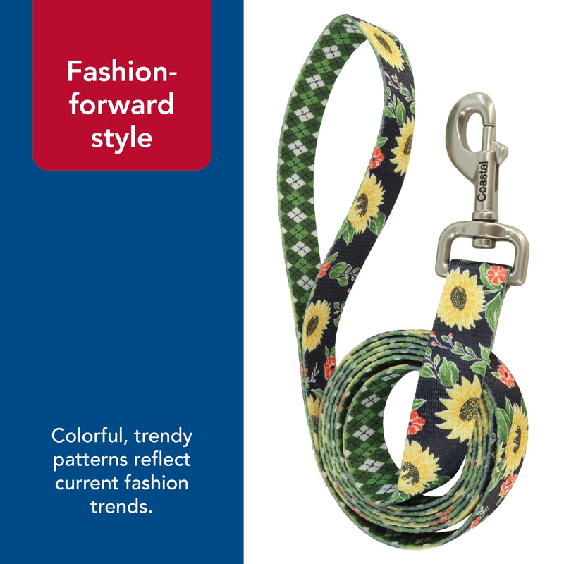 Coastal Pet Sublime Dog Leash - Dog Walking Leash - Fashionable Dual-Pattern Design with Colorful & Trendy Pattern - Sunflower with Green Argyle, 1" x 6' - PawsPlanet Australia