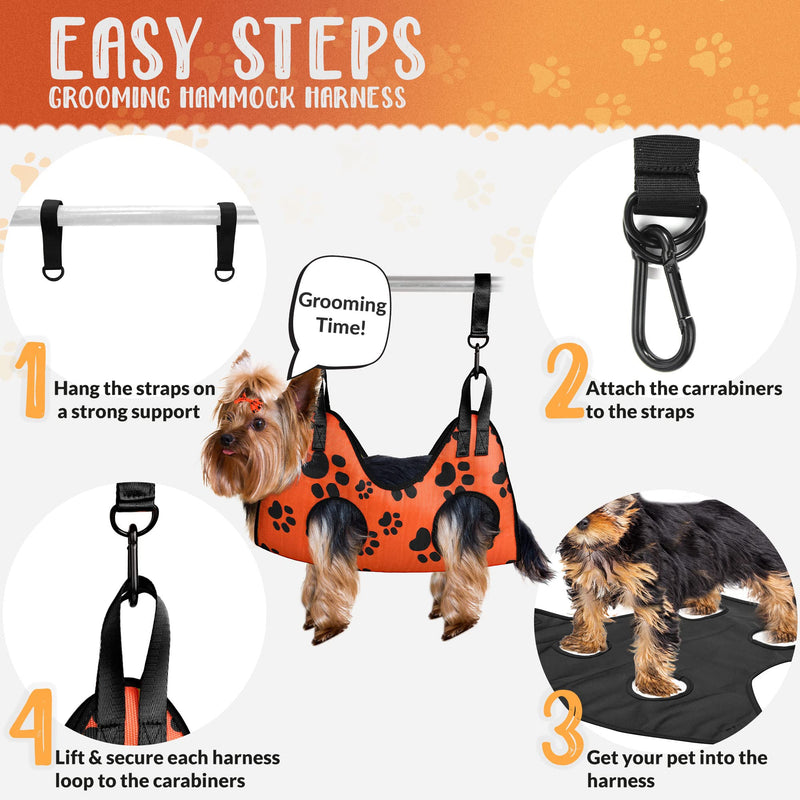 2025 16-in-1 - Dog Grooming Hammock - Dog Hanging Harness for Nail Trimming - Pet Grooming Hammock - Dog Sling for Nail Trimming - Dog Nail Trimming Hammock - Dog Holder for Nail Trimming PREMIUM SET - Orange with black paws XS - PawsPlanet Australia