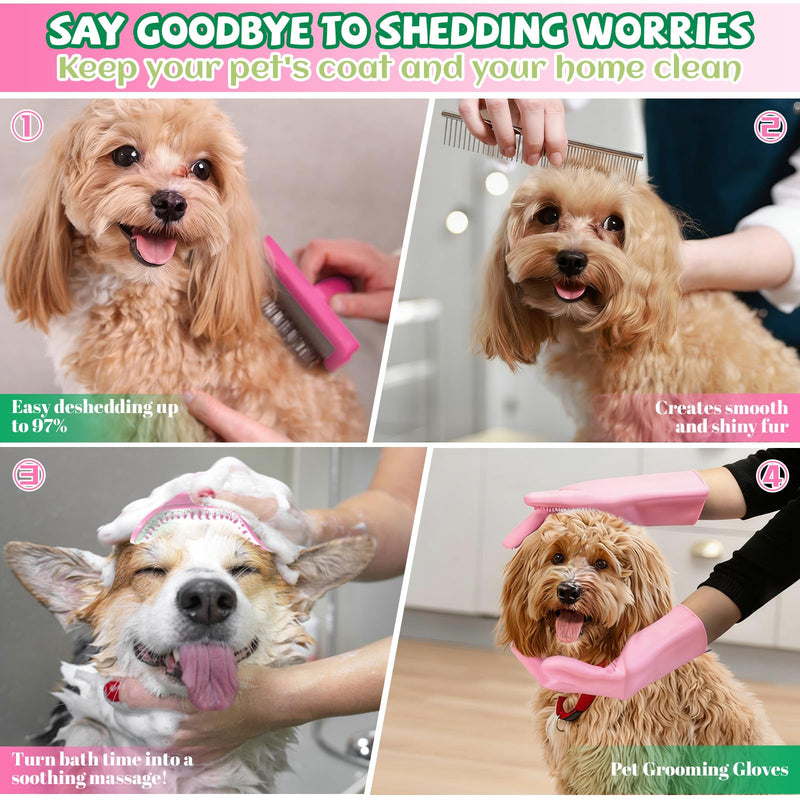 8PCS Dog Slicker Brush for Dogs Grooming Kit,Bath Grooming Kit for Pets,Hair Brush Set with Towel,Washing Gloves,Slicker Comb,and Shampoo Scrubber Brush for Small and Large Dogs and Cats Cats(Pink) Pink - PawsPlanet Australia