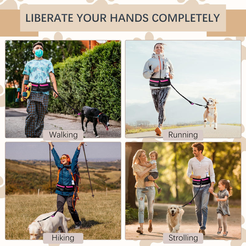 Hands-Free Dog Leash with Pouch, Waist Leash for Walking Two Dogs, Reflective Stitching, Dual Handle, Bungee Retractable for Medium to Large Dogs - Pink,Dog Walking Accessories - PawsPlanet Australia