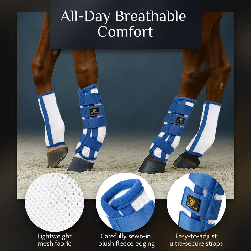 Premium Fly Boots for Horses (4 Pieces) –Durable and Comfortable Fly Leg Wraps for Big Horses – Protective Outer Mesh Design – Elegant and Breathable Set of 4 Horse Fly Boots BLUE - PawsPlanet Australia