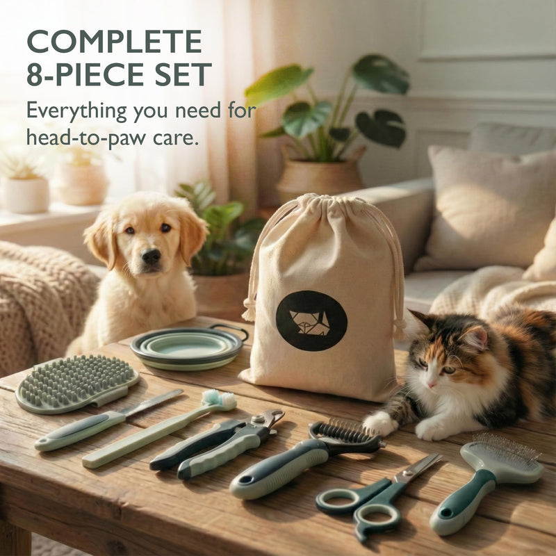 HamInWay 8-in-1 Pet Grooming Kit for Dogs & Cats – Includes Brushes, Combs, Nail Clippers & File – Professional Grooming Tools Set in Logo Bag – Safe, Gentle & Durable – Ideal for All Pet Sizes - PawsPlanet Australia
