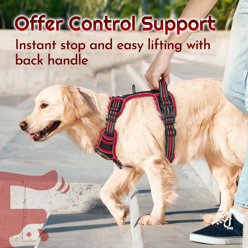 Eagloo Dog Harness for Large Dogs, Easy Wearing with 3 Buckles, Adjustable No Pull Pet Harness with 2 Rings for Walking, No Chock Reflective Soft Padded Vest with Control Handle, Black & Red, L - PawsPlanet Australia