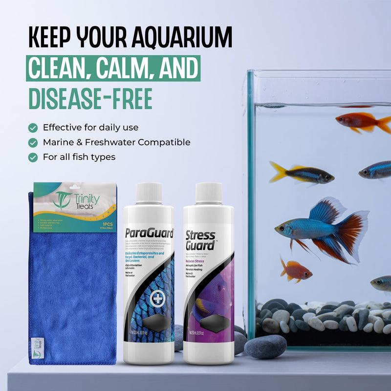 ParaGuard 250ml and StressGuard 250ml for Fresh and Saltwater Including Trinity Treats Microfiber Cleaning Cloth(Paraguard Aquarium Water Treatment, Stressguard Slime Coat Protection) - PawsPlanet Australia