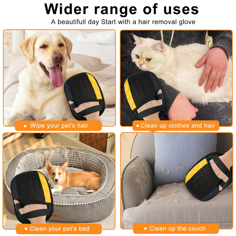 2 Pack Electrostatic Pet Hair Removal Gloves, Upgrade Magic Brush Pet Hair Remover Tool, Washable Reusable Cats and Dogs Grooming Gloves for Laundry, Couch, Car Seat, Furniture 2 Pcs-Black Yellow - PawsPlanet Australia