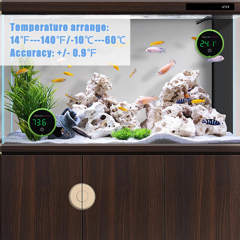 Fish Tank Digital Thermometer Digital Aquarium Thermometer LED Display Stick-on Fish Tank Thermometer Default HI/LO Alarm Cordless Tank Temperature Sensor with LED Touch Screen Round