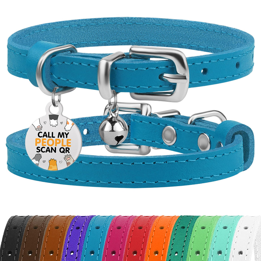 BRONZEDOG Leather Cat Collar with Bell Non Breakaway Kitten QR Tag for Girl Boy (7" - 9" for Cats, Blue & Silver) 7 - 9 inch