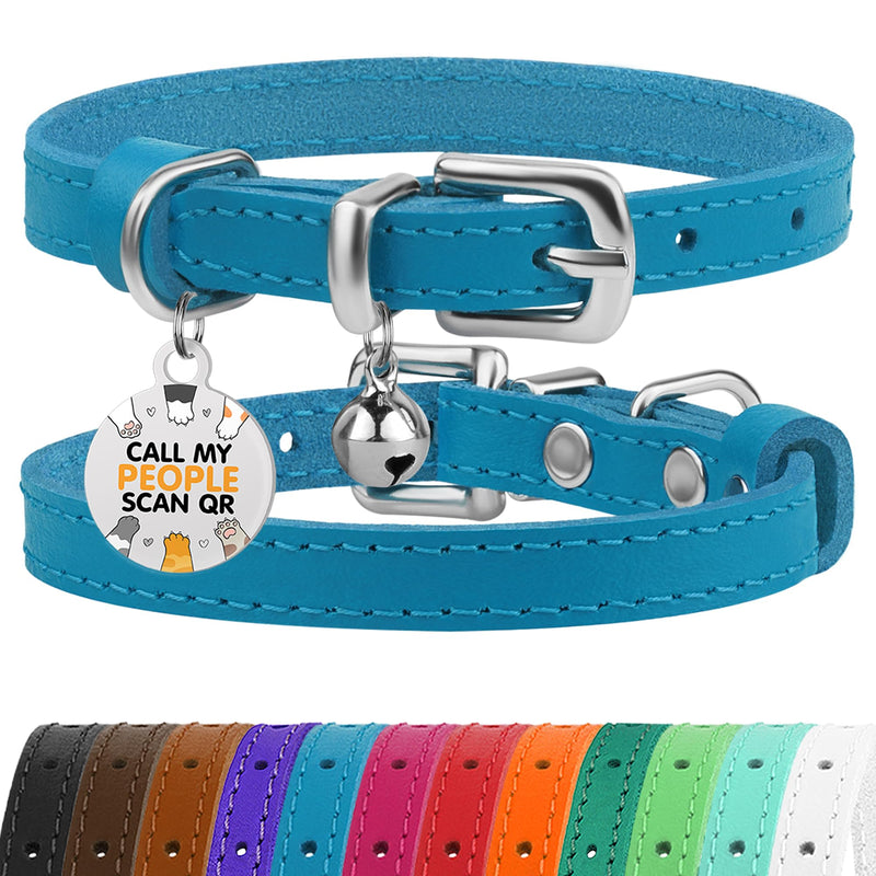 BRONZEDOG Leather Cat Collar with Bell Non Breakaway Kitten QR Tag for Girl Boy (7" - 9" for Cats, Blue & Silver) 7 - 9 inch