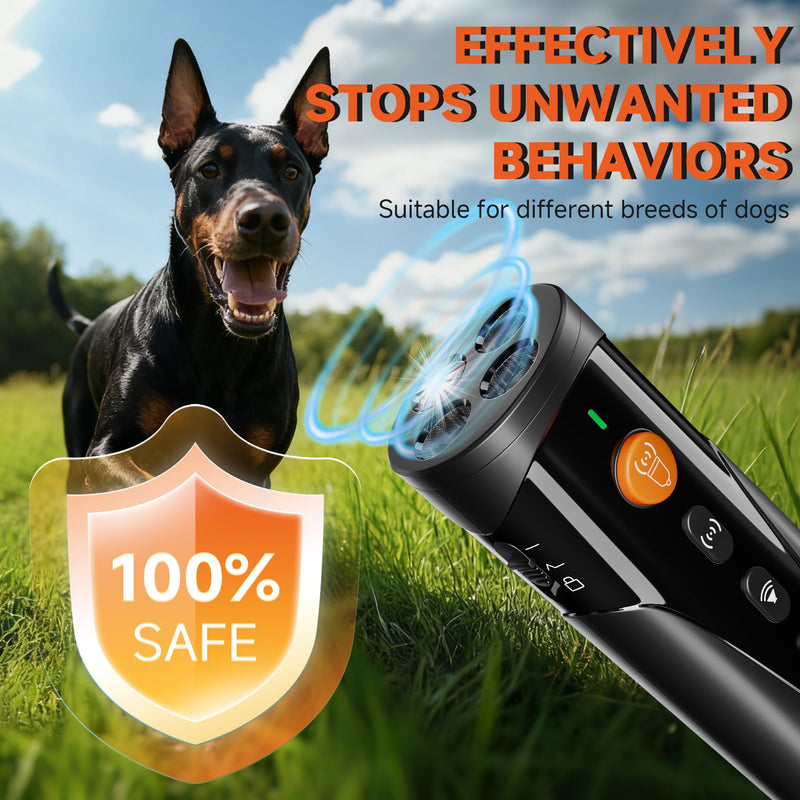 Dog Bark Deterrent Device, 3X Ultrasonic Anti Barking Device 6 Modes Dog Trainer Rechargeable & Portable Safe Bark Control Indoor Outdoor for All Dogs with LED Flashlight - Black