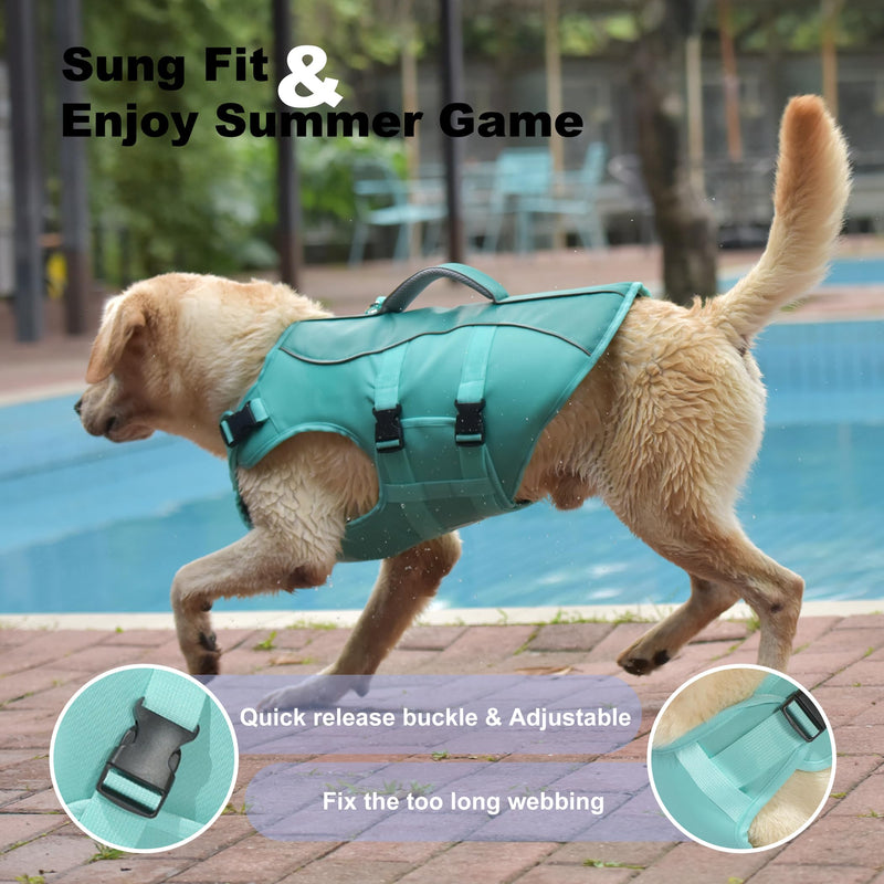 Dog Life Jacket, Reflective Dog Harness Life Vest with Rescue Handle for Swimming Boating, Adjustable High Buoyancy Flotation Swim Vest for Small Meium Large Dogs - Pine Green, L