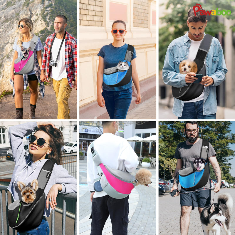 Pawaboo Pet Dog Sling Carrier, Hand Free Drawstring Dog Papoose with Adjustable Strap, Breathable Mesh Bag for Puppy Cat, Crossbody Satchel Dog Purse with Pocket for Outdoor, Dark Gray+Black, Medium Dark Gray + Black