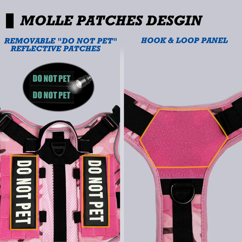 Tactical Dog and Cat Harness for XS and Small Puppy, Air Pet Vest No Pull with Reflective Do Not Pet Patches, Breathable Dog Molle Vests for Training Walking Hunting Camo Pink S - PawsPlanet Australia