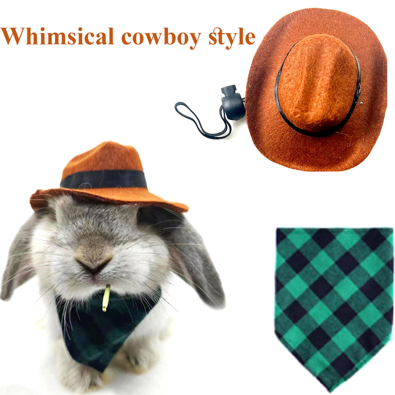 Cute Rabbit Cowboys Hat and Scarf Set, Funny Rabbits Pet Cowboy's Hat Scarf Outfits, Rabbits Dog Cat Pets Halloween Costume Hats Clothes Bunny Stuff Gifts Supplies Accessories (Coffee-Green Grid) Coffee-Green Grid