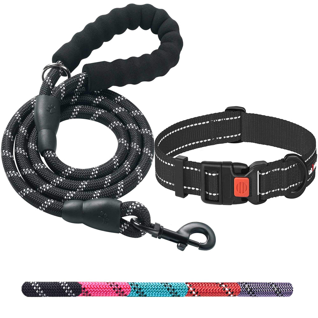 Heavy Duty Dog Leash - Comfortable Padded Handle, 5 ft Long - Dog Leashes for Small Medium Large Dogs (Leash+Collar M Neck 16"-20", Black) Medium (Pack of 1) Black Leash+Collar