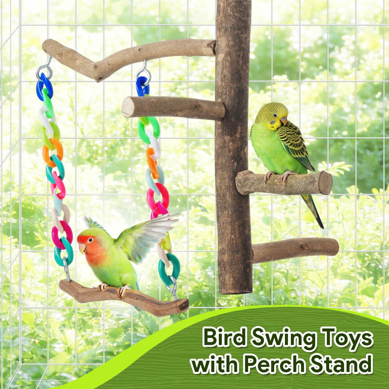 Bird Toys, Bird Swing Toys with Perch Stand, Cage Accessories for Budgies, Parakeets, Cockatiels & Other Small Birds Natural Wood