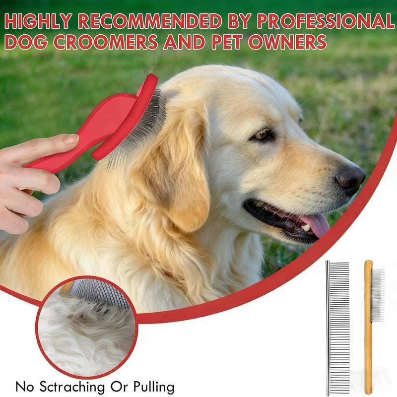 Slicker Brush for Dogs, Large Long Pin Dog Grooming Brush for Doodles Goldendoodles Poodles Labradoodle Bernedoodles, 3 Pcs Wooden Handle for Mats Tangles - Red